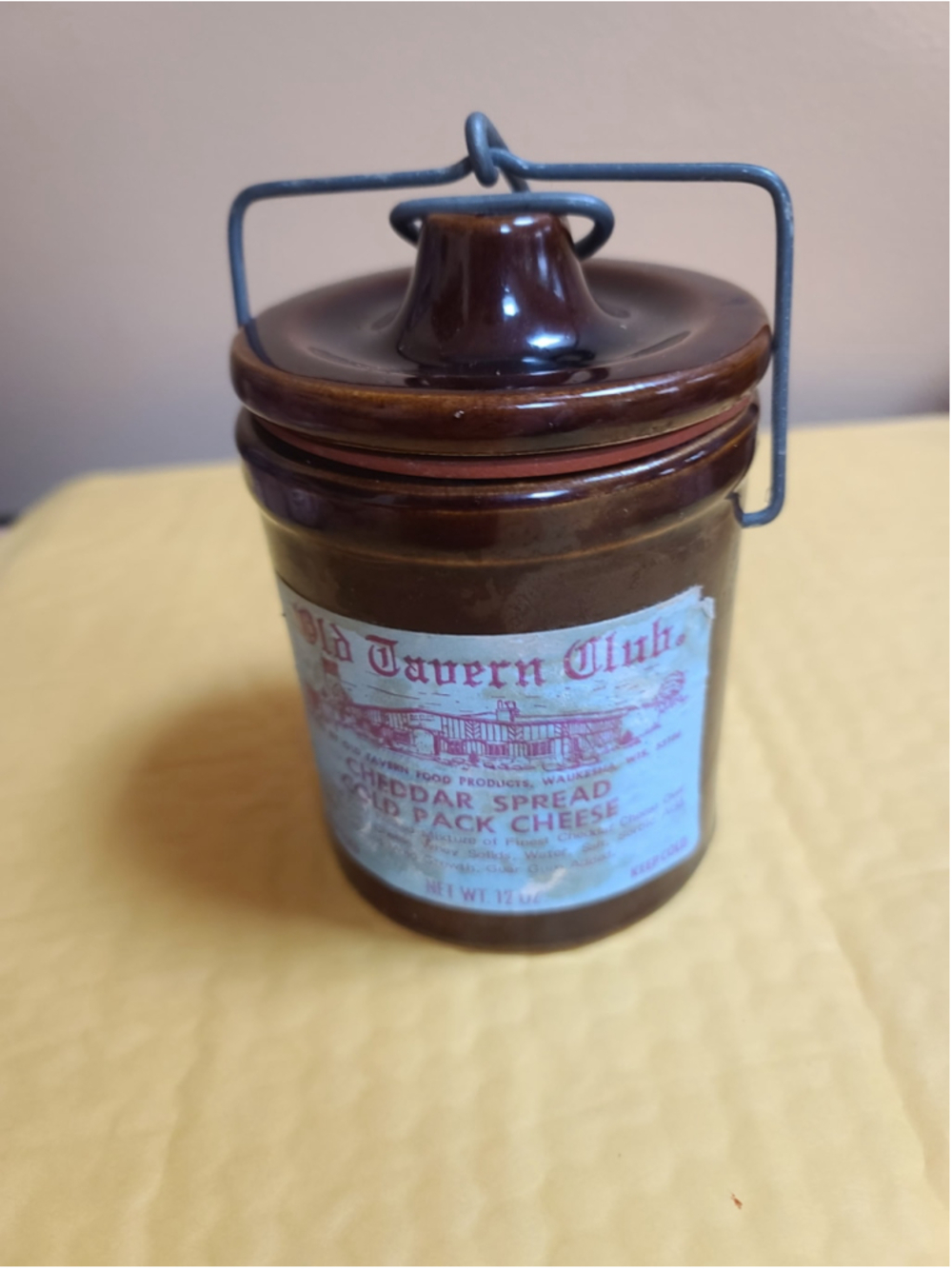 Vintage Old Tavern Club Cheese Crock Wire Bail Lid Stoneware Waukesha WI